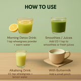 Four ways to use wheatgrass powder: morning detox drink, smoothies, alkalising drink, and with buttermilk
