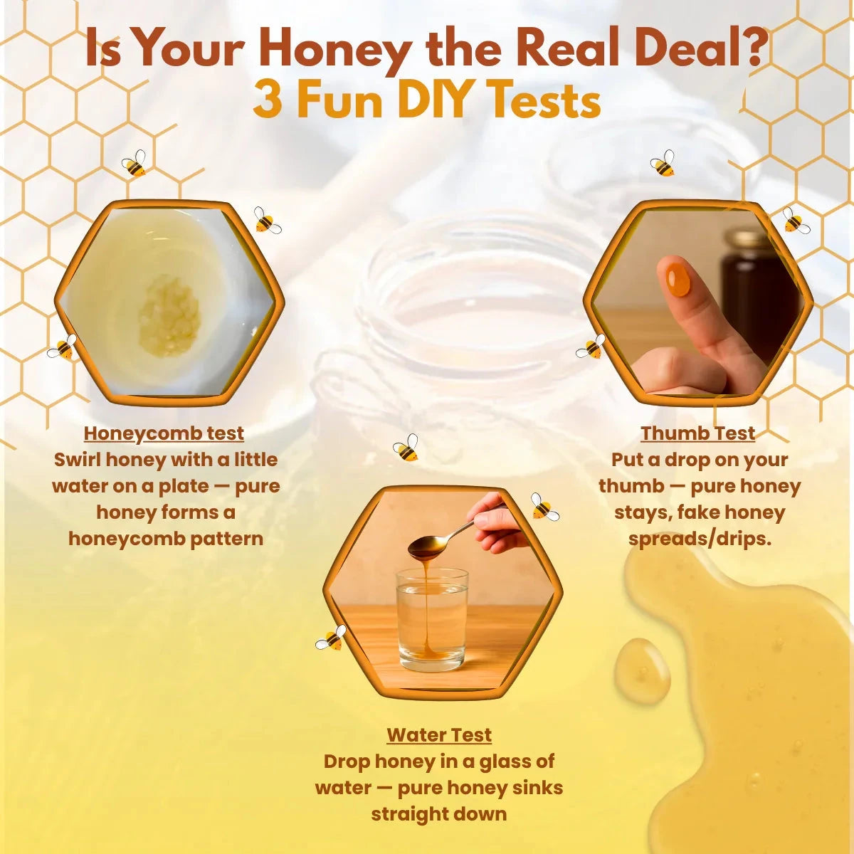 DIY tests to verify pure organic honey authenticity using honeycomb, thumb, and water tests