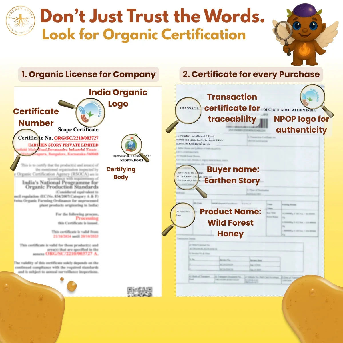 Earthen Story Wild Forest Honey organic certification guide showing India Organic license and transaction certificate for authenticity verification