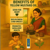 Yellow mustard oil benefits infographic showing heart health, omega fatty acids, and skin joint support with traditional kitchen scene
