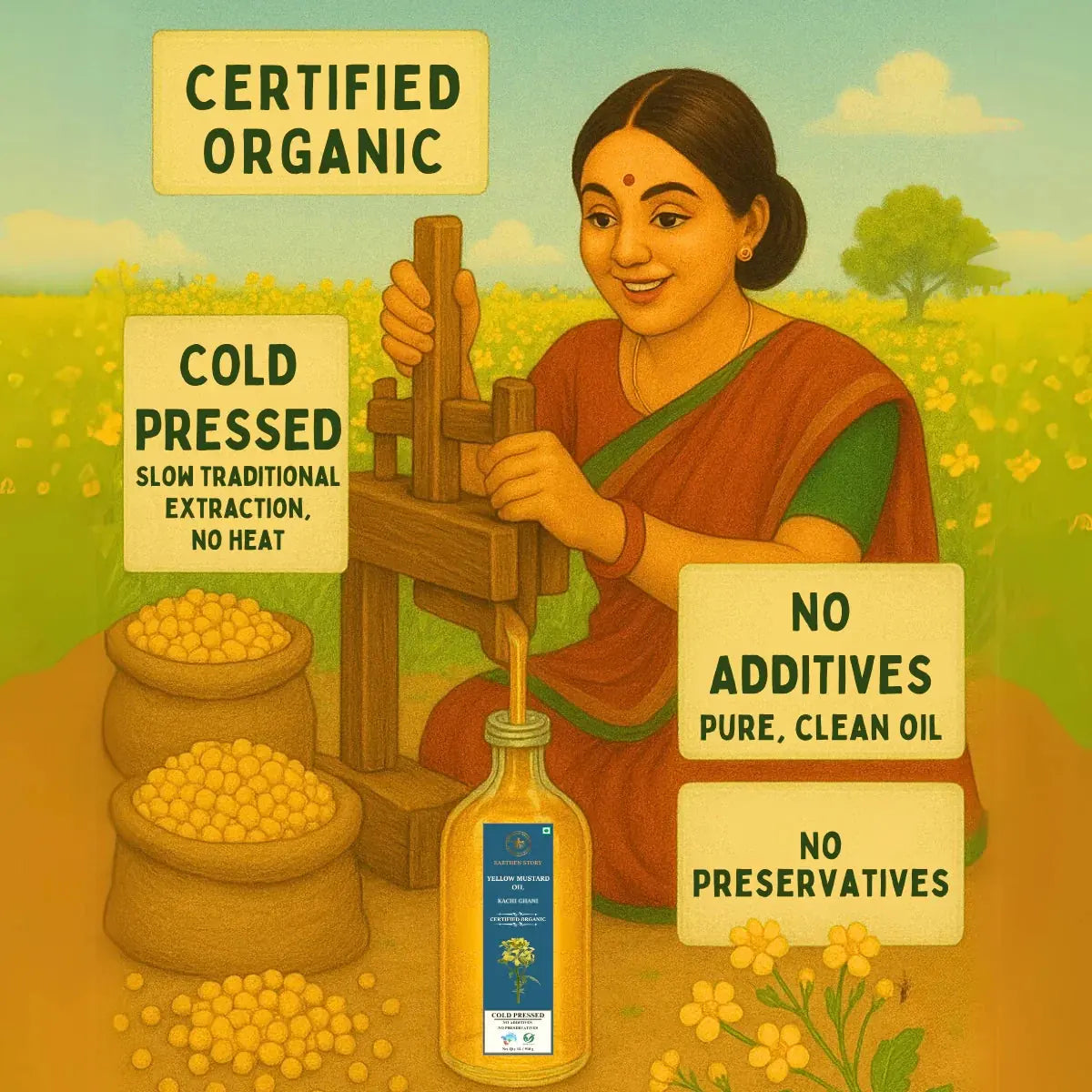 Yellow Mustard Oil infographic showing certified organic, cold pressed extraction, pure oil with no additives or preservatives